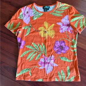Polo Ralph Lauren Womens T Shirt Medium Tropical Hawaiian Orange Floral